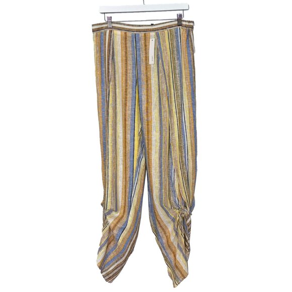 Drew Linen Blend Yellow & Blue Striped Pants with Gathered Hems - Size L - NWT - Picture 2 of 6